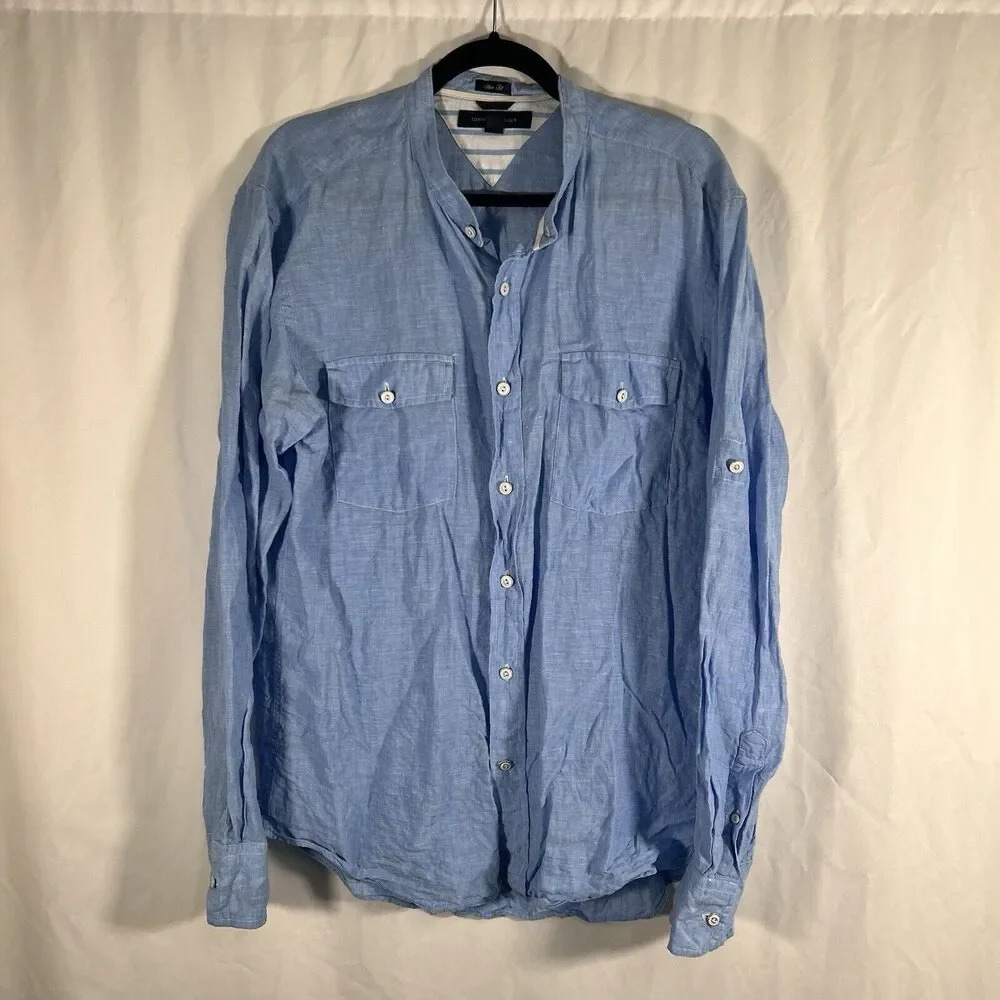 Tommy Hilfiger Linen Shirt Women's Large Blue Button Up Long Sleeve Slim Fit